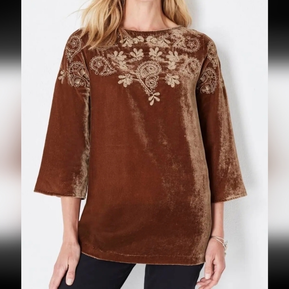 J.Jill Luxurious Velvet Embroidered Bell-Sleeve Top Sz M